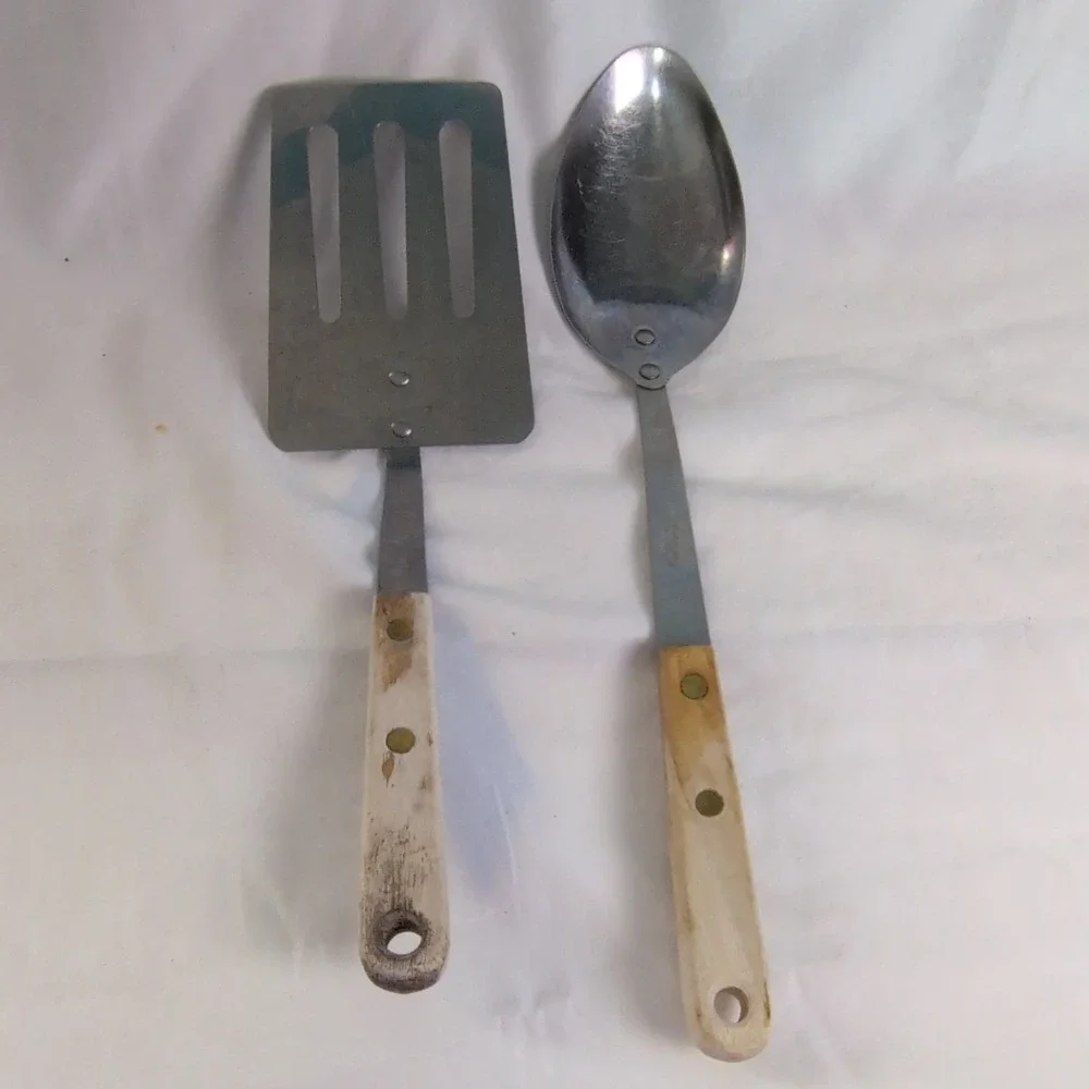Metal Spatula & Cooking Spoon Set, Silver & Brown, Wooden Handles, 2-Piece
